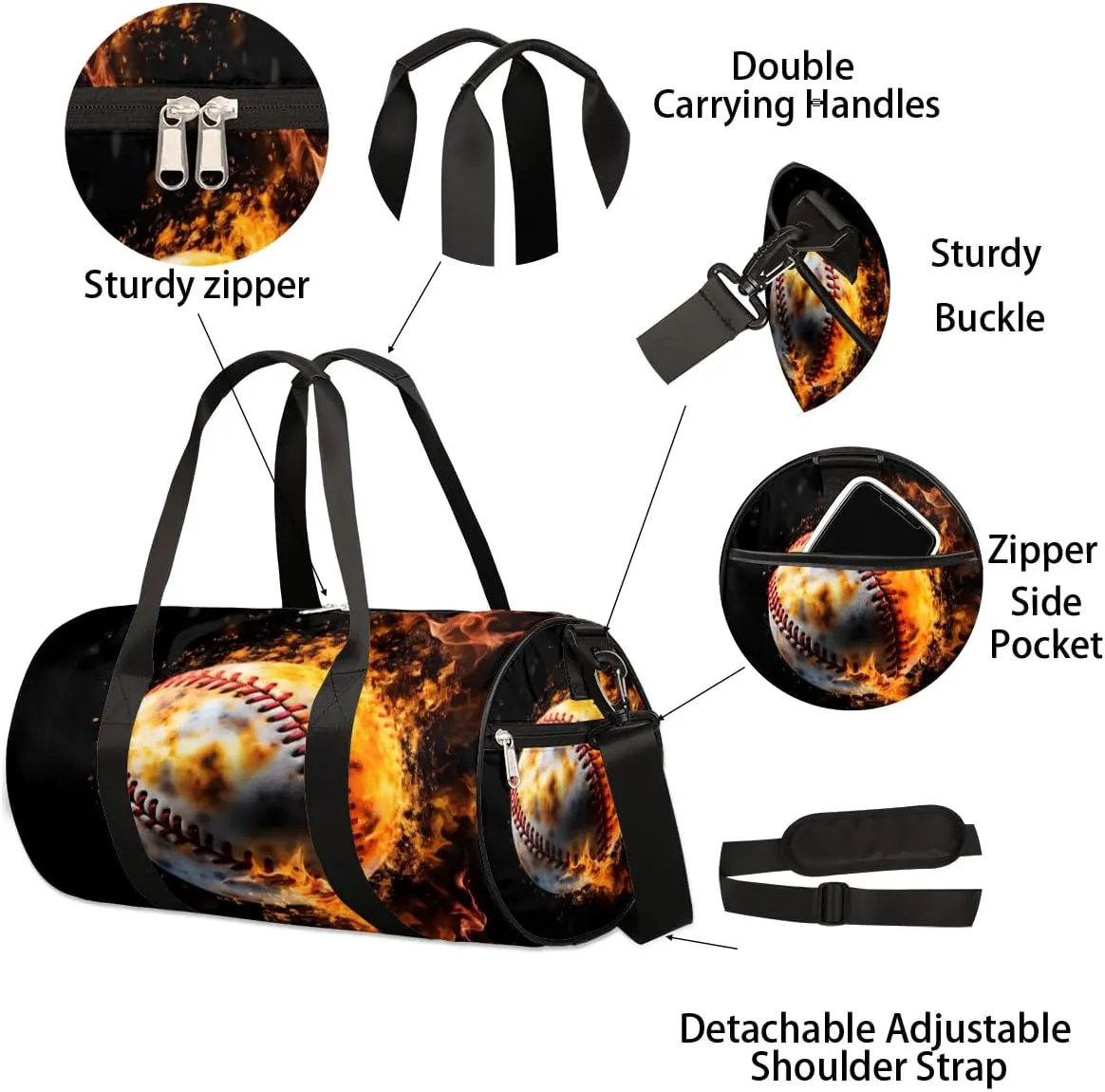 Baseball Fire Travel Duffle Bag Gym Bag for Women Men Lightweight Carry on Duffel Bag for Sports Gyms Weekend Getaway
