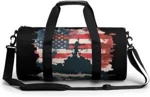 Battleship USA American Flag Lightweight Gym Bag for Men Women Travel Duffel Bag Sports Workout Bag with Adjustable Strap