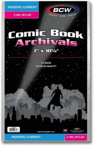 BCW Current/Modern Comic Mylar Archivals - 2 MIL - 50 Count Pack | Archival Comic Book Bags | Standard Size 7 x 10.5 Inches, Secure 1.5 Inch Flap | Protective Covers for Comic Book Collectors