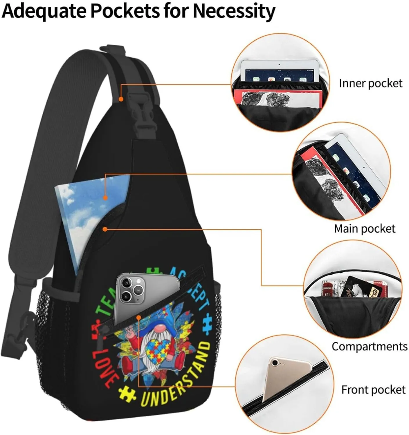 Be Anything Be Kind Autism Awareness Crossbody Bag Adjustable Sling Bag Casual Chest Bags Travel Shoulder Backpack