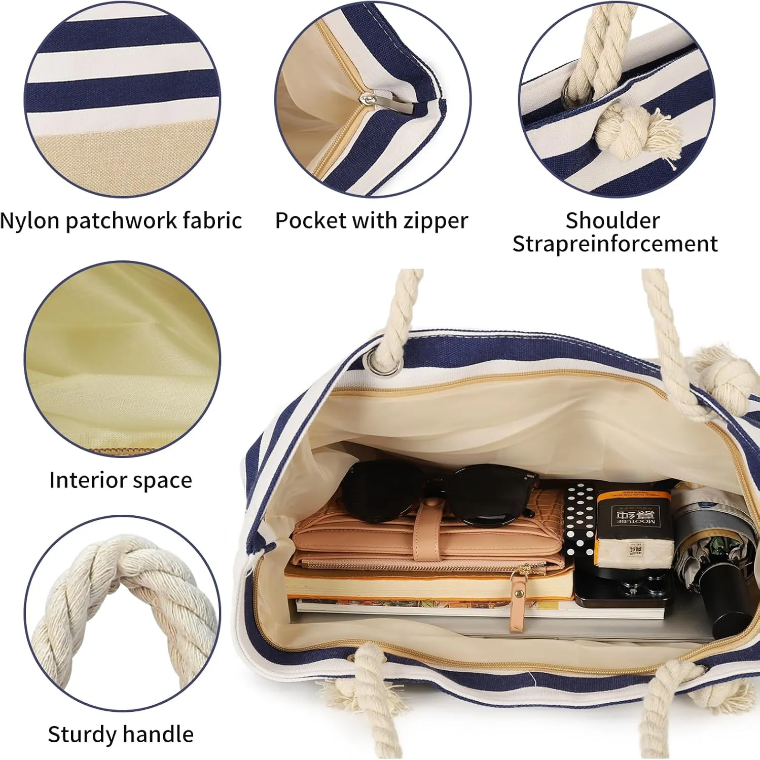 Beach Bags for Women Large Waterproof Tote Bag with Zipper Lightweight Canvas Reusable Grocery Shopping Shoulder Bag