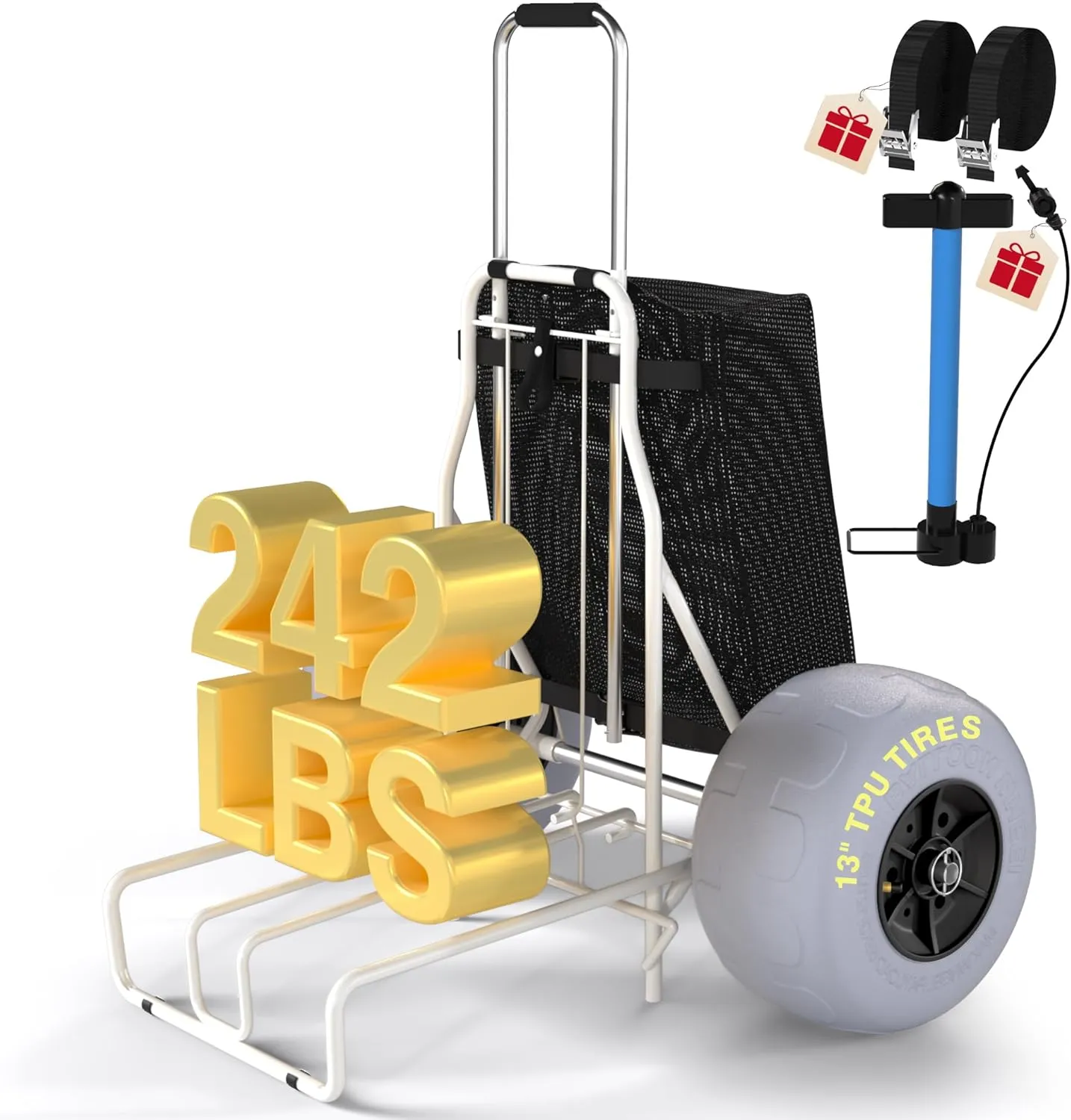 Beach Cart with Big Balloon Wheels for Sand, Foldable Wagon Dolly Buggy Trolley with 242 Lbs Loading Capacity, 13" Large Rolling Tire, Collapsible Storage Bag for Outdoor Camping Shopping Fishing