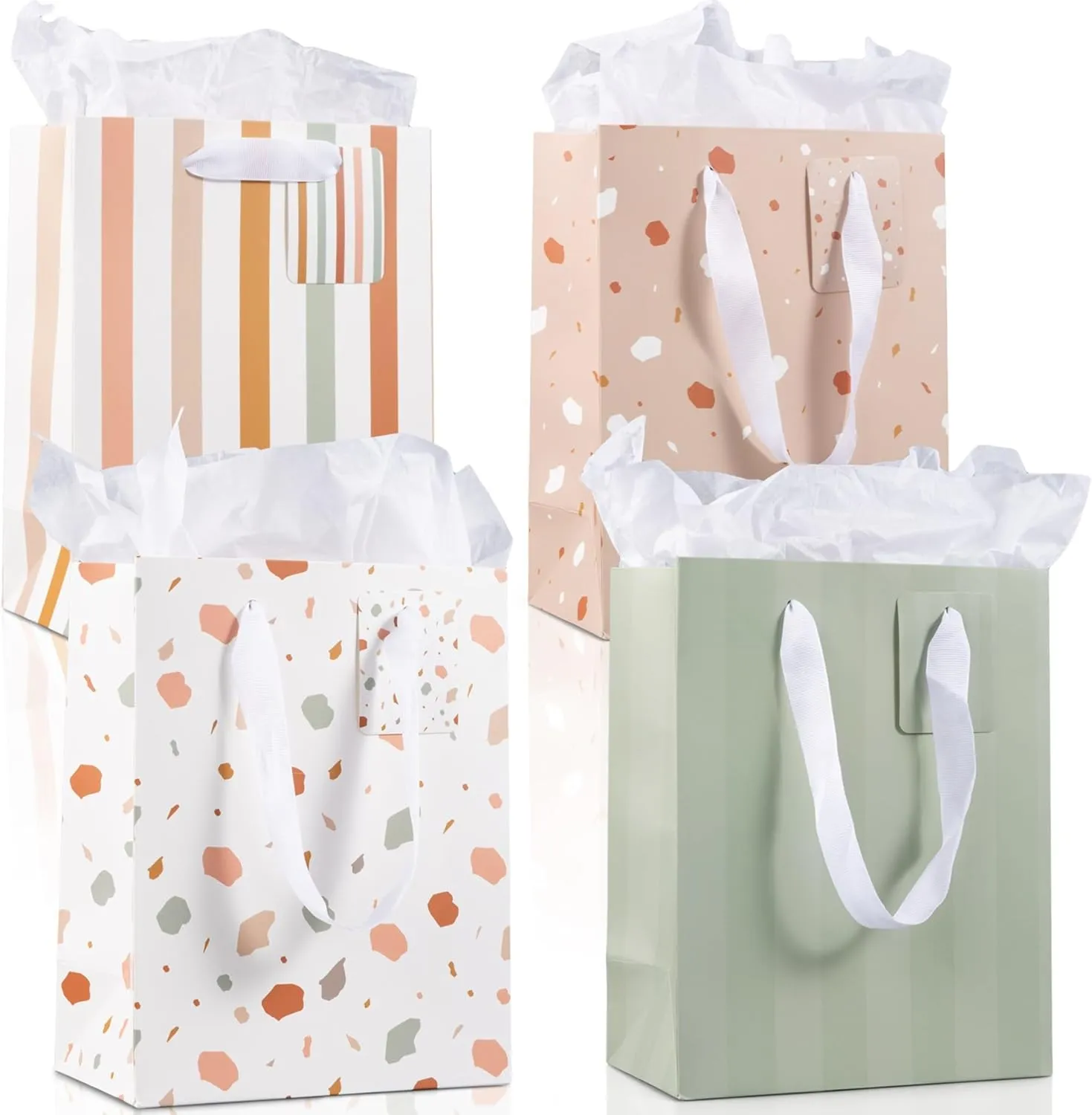 Beautiful Gift Bags Set of 4 - Medium Sized 9" Bags with Handles incl. Matching Tissue Paper, Cards & Small Stickers - Reusable & For Presents of Any Birthday, Weddings, Mothers Day & Other Occasion