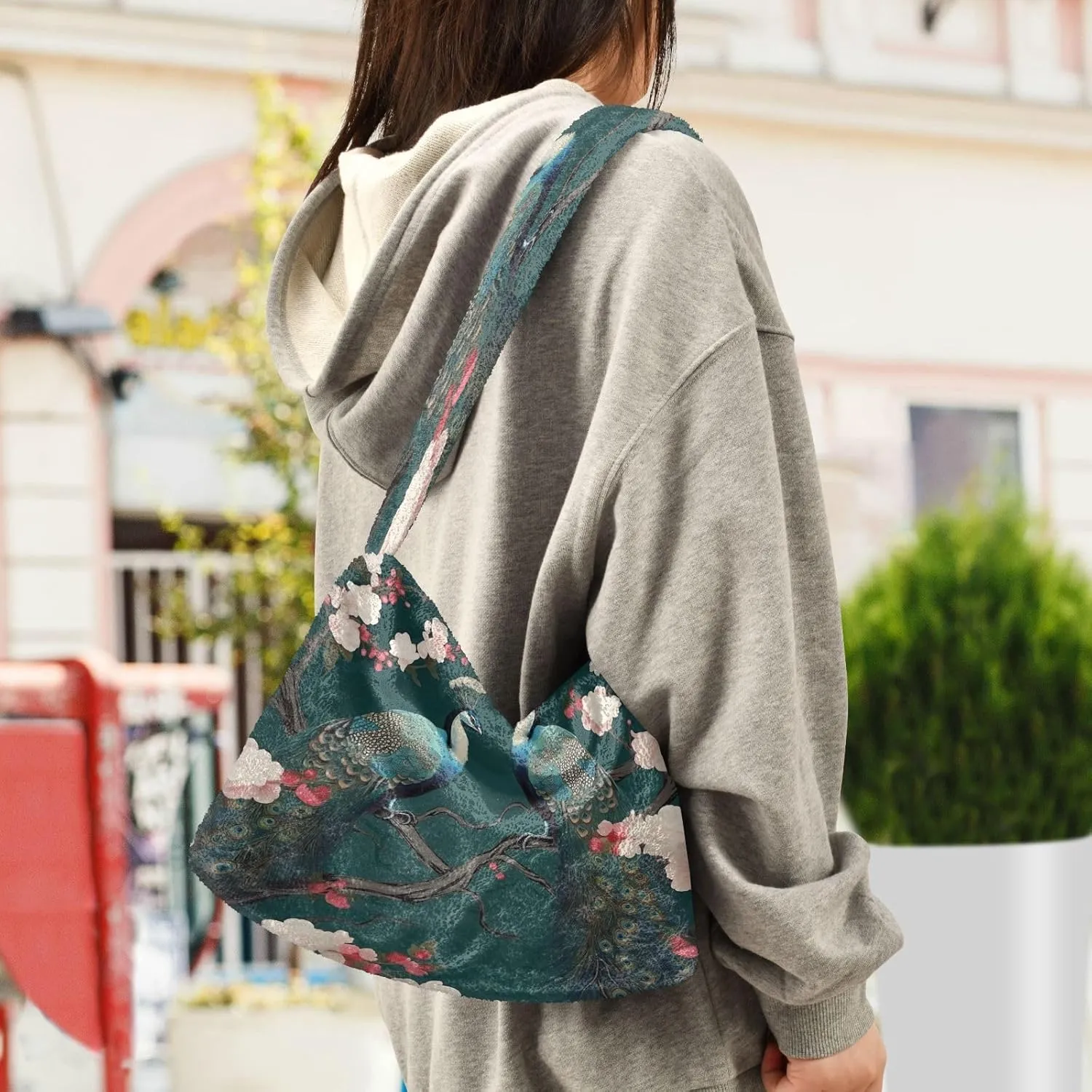 Beautiful Peacocks in Branches with Fruit Woman Shoulder Bag, Long Shoulder Bag, Tote Book Bag for Women