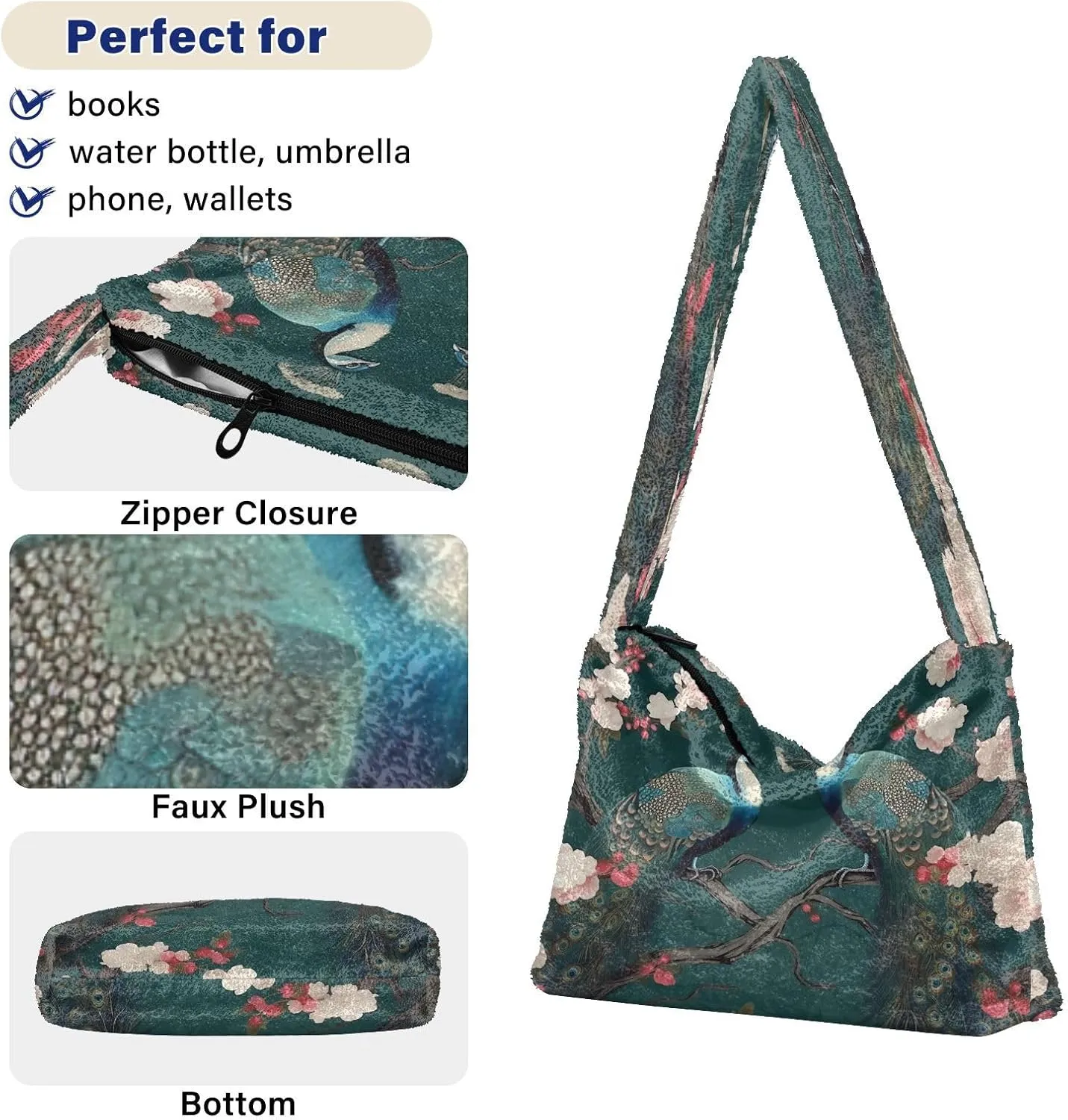 Beautiful Peacocks in Branches with Fruit Woman Shoulder Bag, Long Shoulder Bag, Tote Book Bag for Women