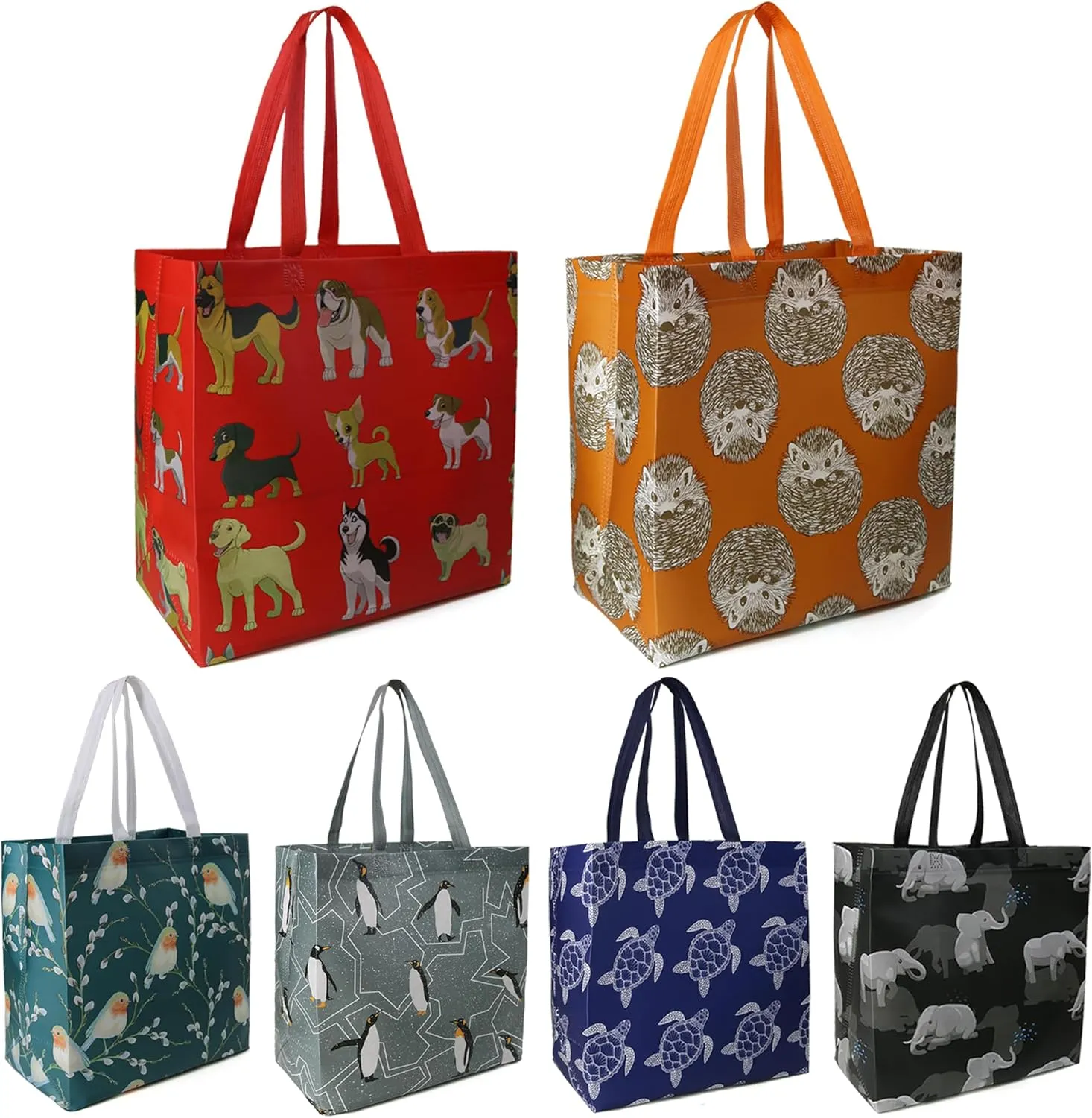 BeeGreen Animal Reusable Grocery Bags - W13*H13*D7 6 Packs Lightweight Shopping Totes with Long Handles, Water Resistant,Durable and Portable - Perfect for Groceries, Supermarket, Gifts, and More