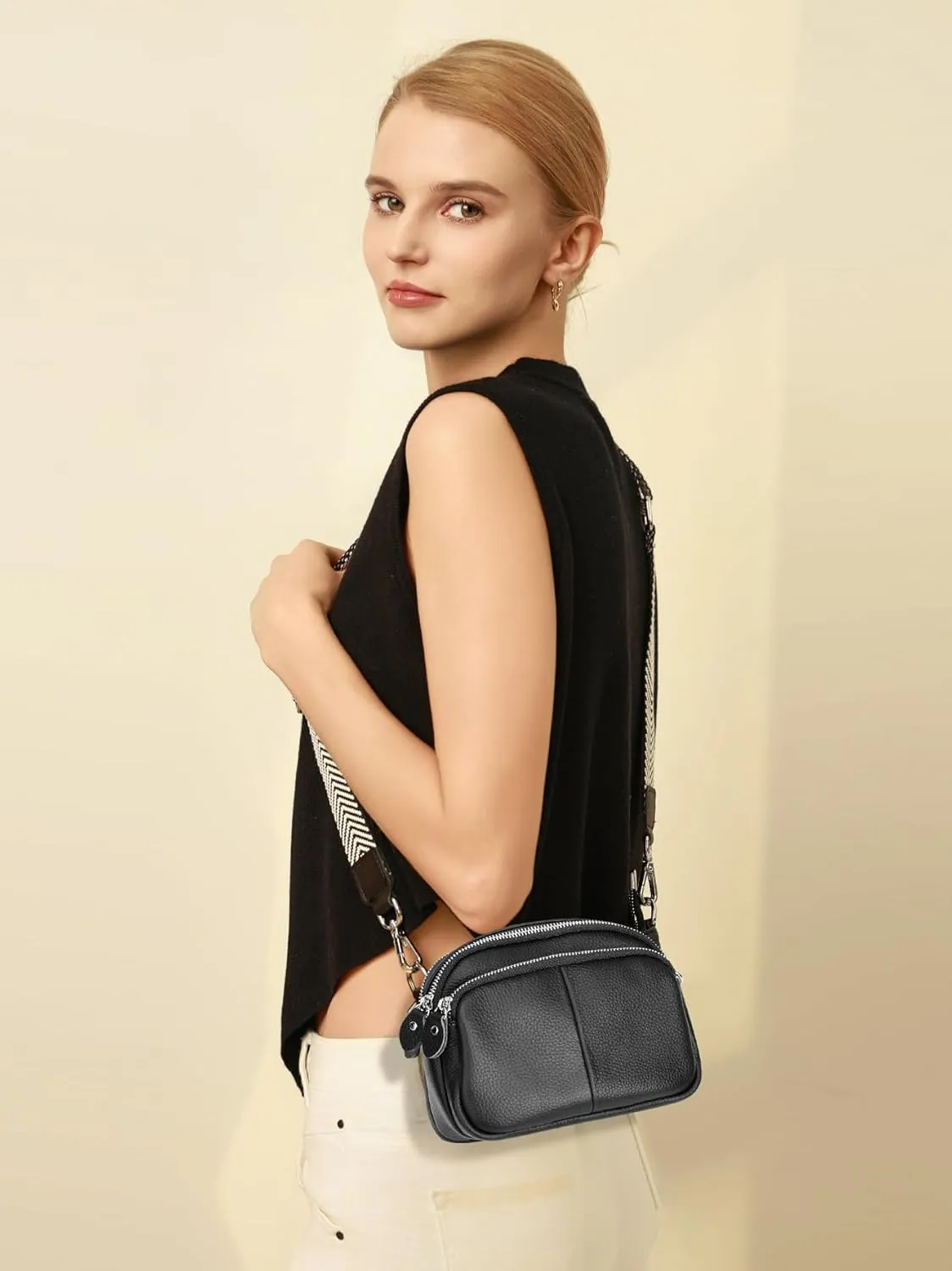befen Small Genuine Leather Camera Crossbody Bags for Women Triple Zip Cross Body Purses Handbag with Wide Strap