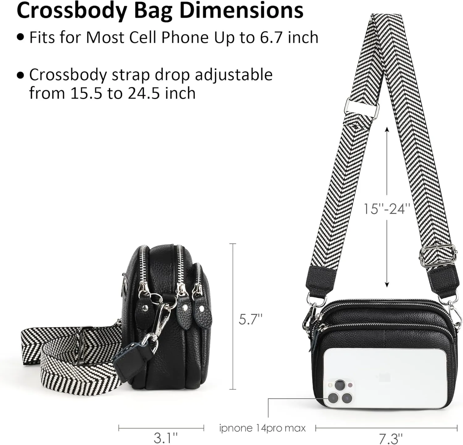 befen Small Genuine Leather Camera Crossbody Bags for Women Triple Zip Cross Body Purses Handbag with Wide Strap