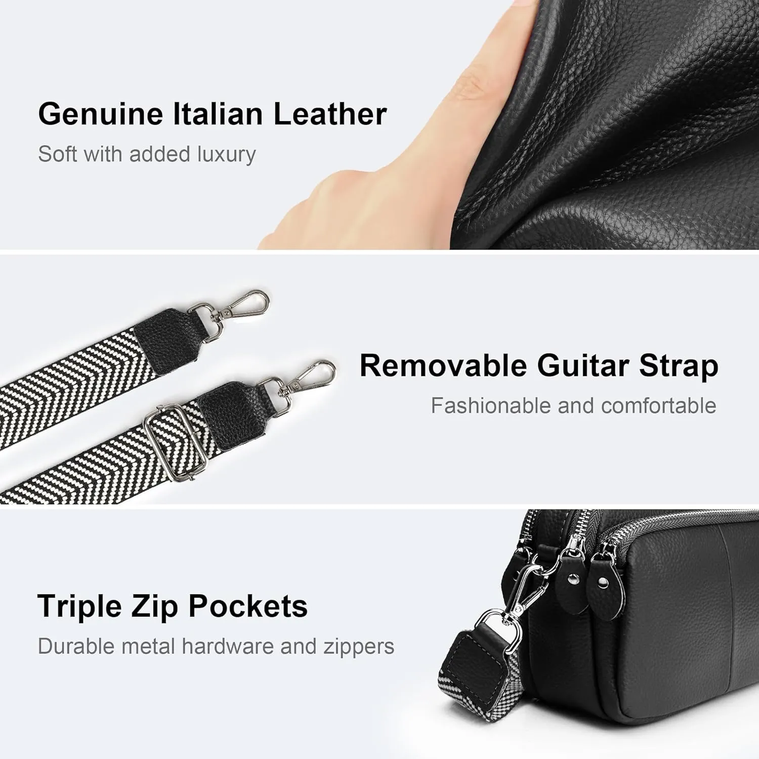befen Small Genuine Leather Camera Crossbody Bags for Women Triple Zip Cross Body Purses Handbag with Wide Strap