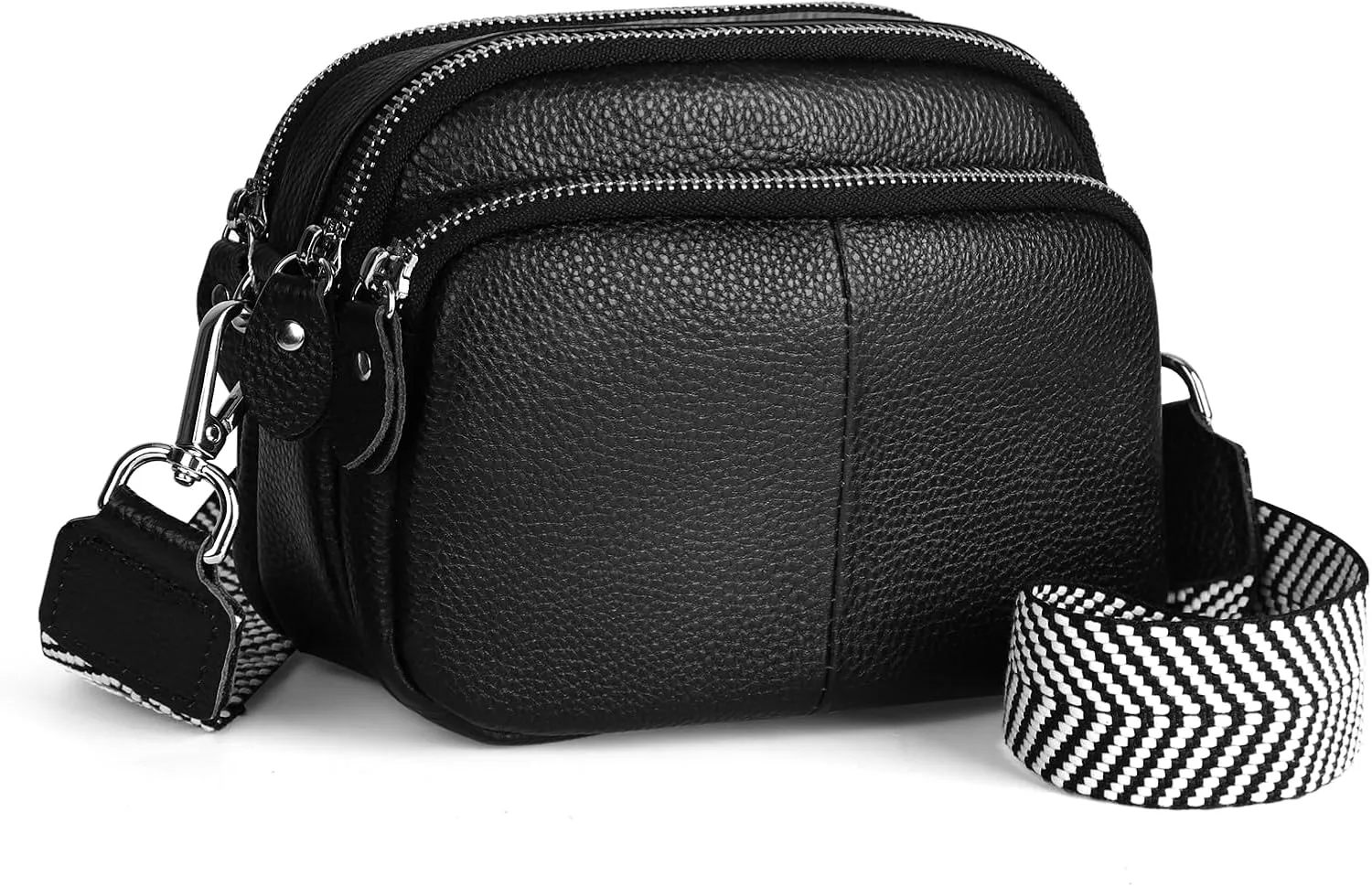 befen Small Genuine Leather Camera Crossbody Bags for Women Triple Zip Cross Body Purses Handbag with Wide Strap