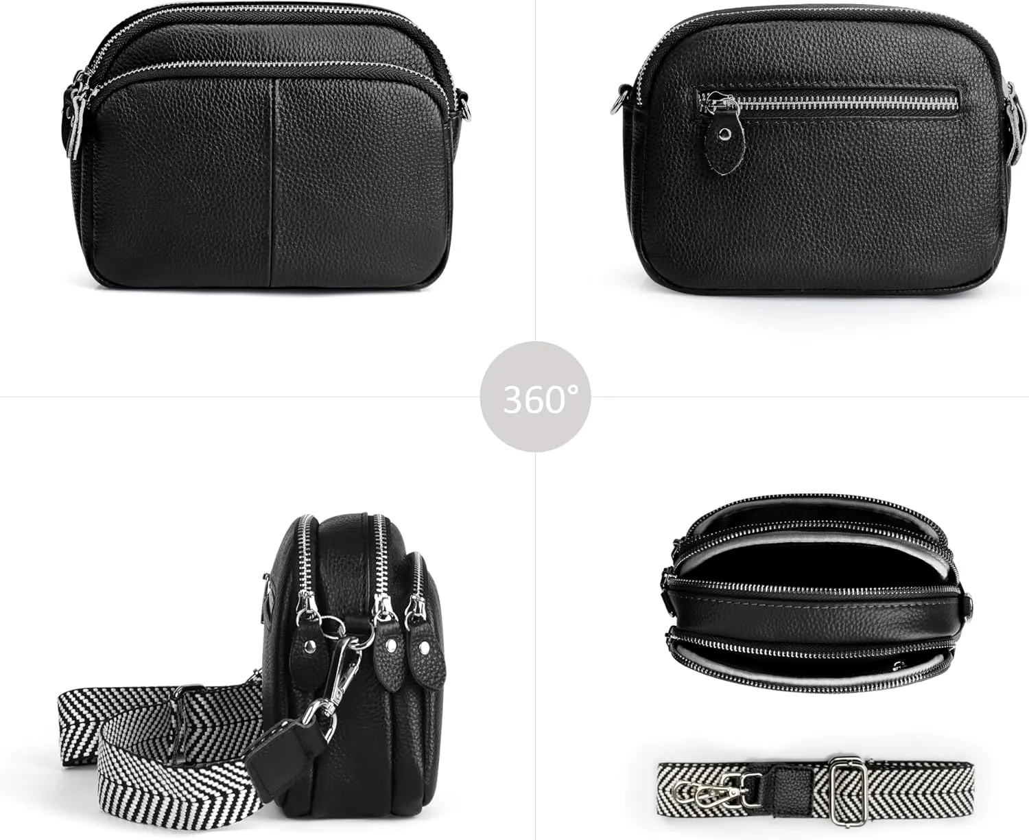 befen Small Genuine Leather Camera Crossbody Bags for Women Triple Zip Cross Body Purses Handbag with Wide Strap