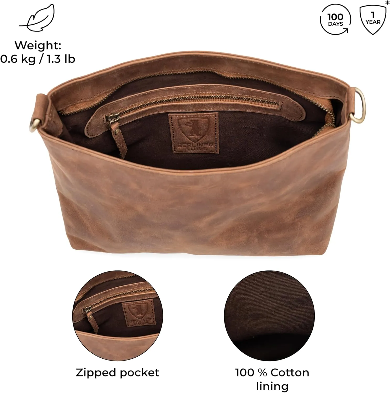 BERLINER BAGS Vintage Genuine Leather Shoulder Bag Marbella, Crossbody Purse for Women, Satchel Bag