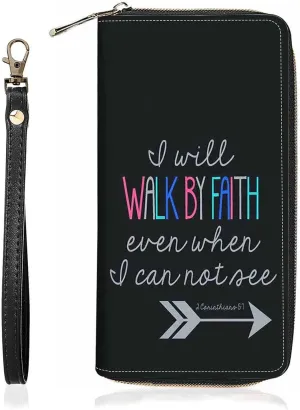 Bible Verse 2 Corinthians 5:7 Print Wallet for Women Large Capacity Wallet Credit Card Holder PU Leather Zipper Clutch Purse Phone Wallet