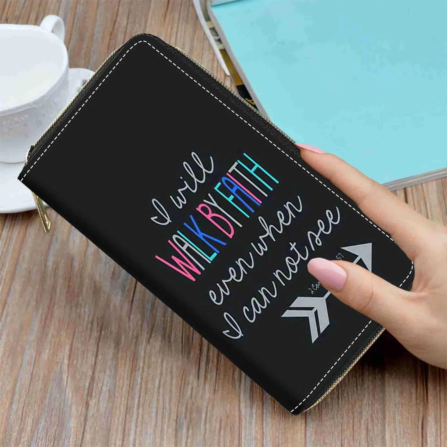 Bible Verse 2 Corinthians 5:7 Print Wallet for Women Large Capacity Wallet Credit Card Holder PU Leather Zipper Clutch Purse Phone Wallet