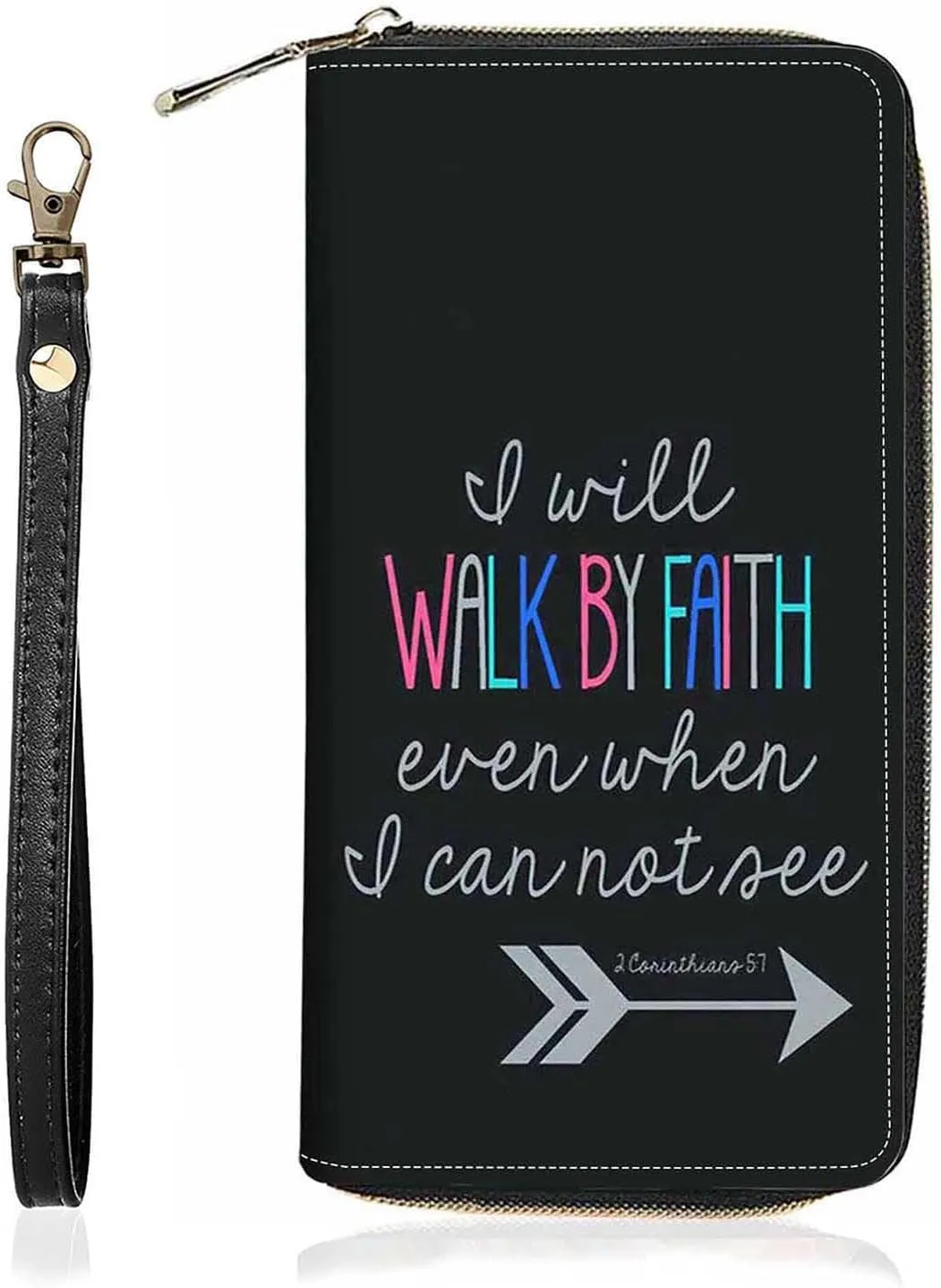 Bible Verse 2 Corinthians 5:7 Print Wallet for Women Large Capacity Wallet Credit Card Holder PU Leather Zipper Clutch Purse Phone Wallet