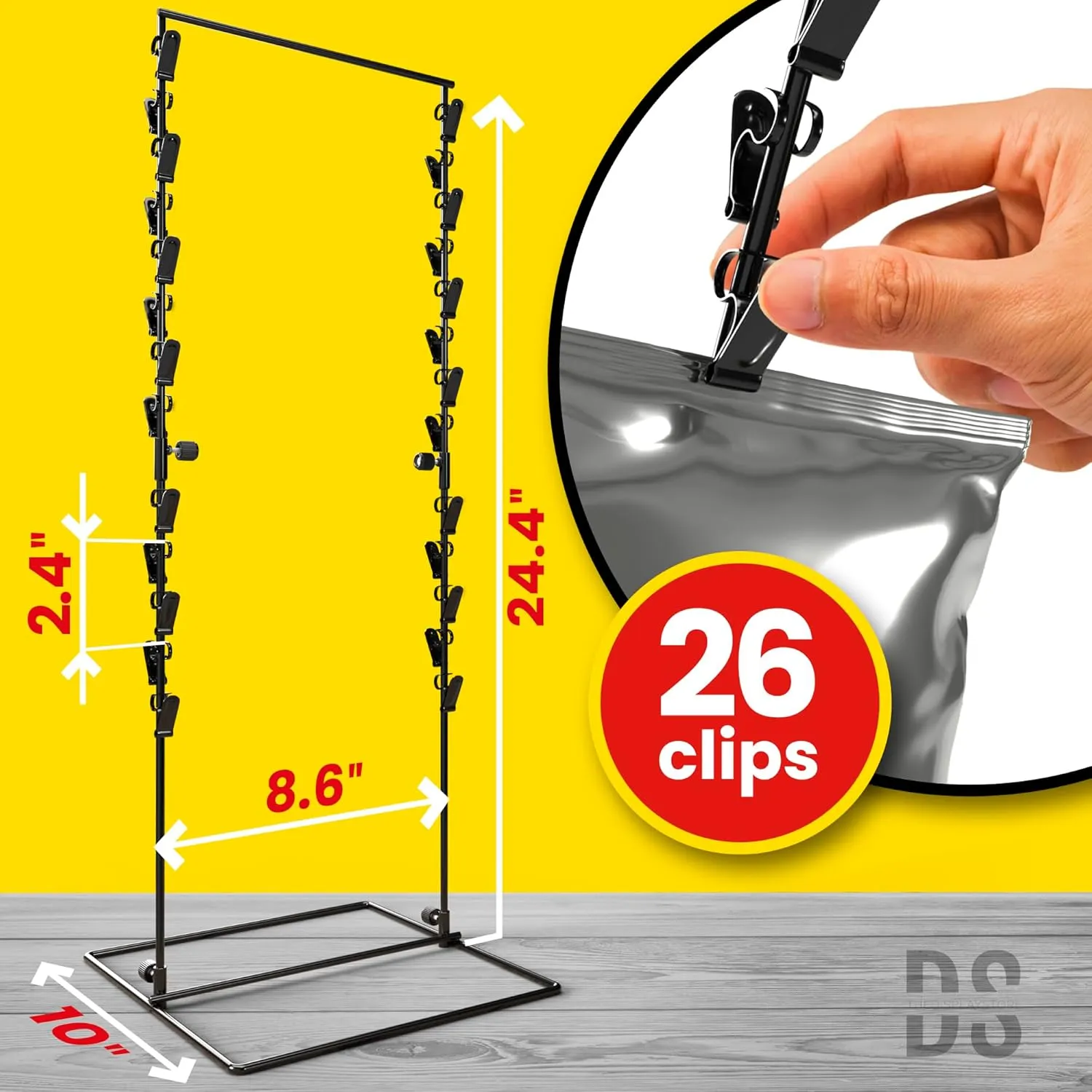 Black 2-Row Potato Chip Rack Display Stand with 26 Clips, Snack Retail Display Rack, Chip Stand Display for Party, Countertop Chip Bag Holder, Snack Display for Counter