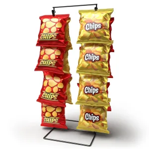 Black 2-Row Potato Chip Rack Display Stand with 26 Clips, Snack Retail Display Rack, Chip Stand Display for Party, Countertop Chip Bag Holder, Snack Display for Counter