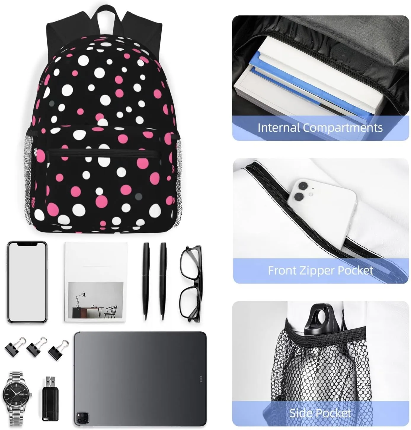 Black Polka Dots Men Women Office Laptop Backpack,Work Bag 15.7 Inch Business Travel Bags Large Capacity