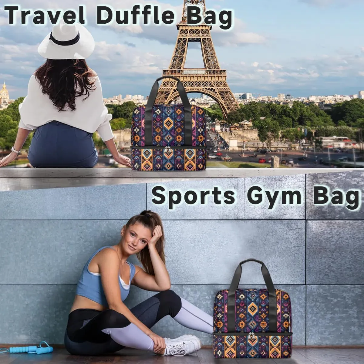 Boho Style Stripe Travel Duffel Bag Dry Wet Separated Sports Tote Travel Duffle Bag Gym Workout Bag Women Travel Duffel Bag for Women, Travel, Gym, Work