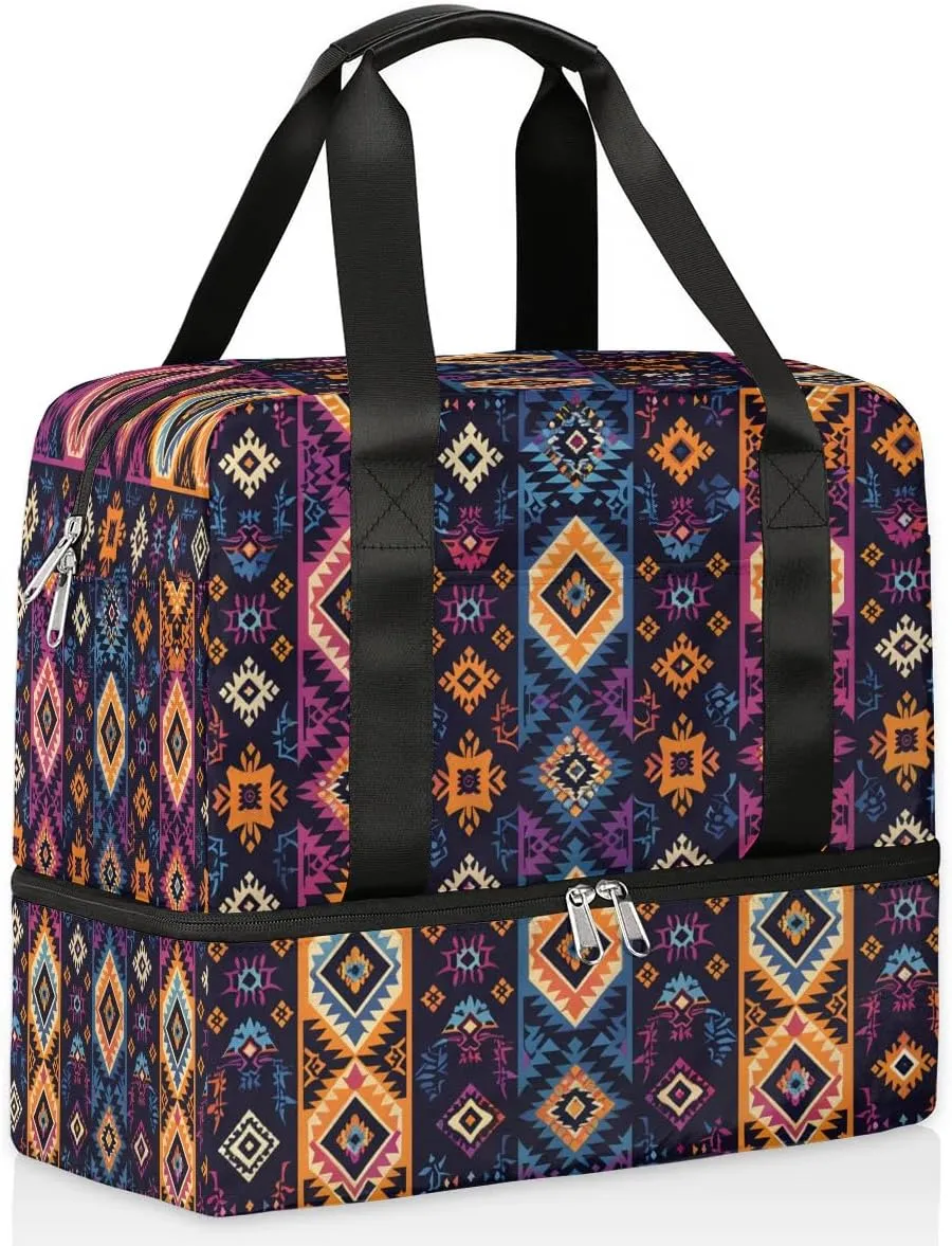 Boho Style Stripe Travel Duffel Bag Dry Wet Separated Sports Tote Travel Duffle Bag Gym Workout Bag Women Travel Duffel Bag for Women, Travel, Gym, Work