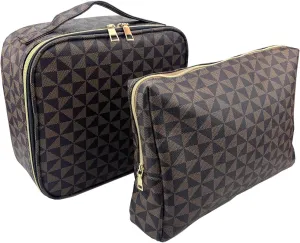 Bopomofo Brown Checkered Cosmetic Bags Set - Makeup and Pouch Bags - Waterproof PU Leather Travel Toiletry Storage Bag