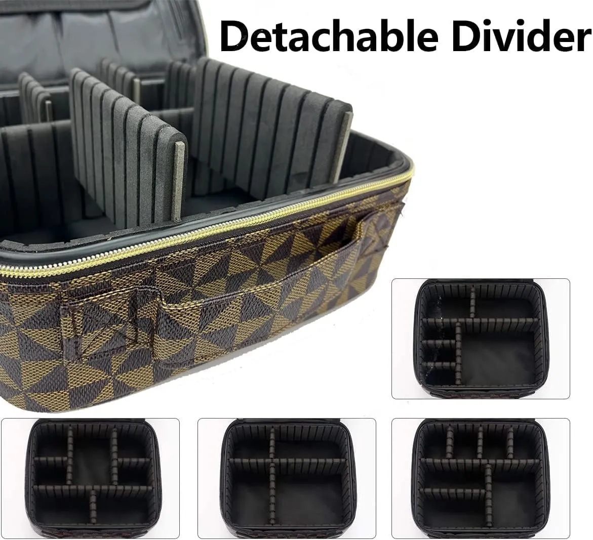 Bopomofo Brown Checkered Cosmetic Bags Set - Makeup and Pouch Bags - Waterproof PU Leather Travel Toiletry Storage Bag