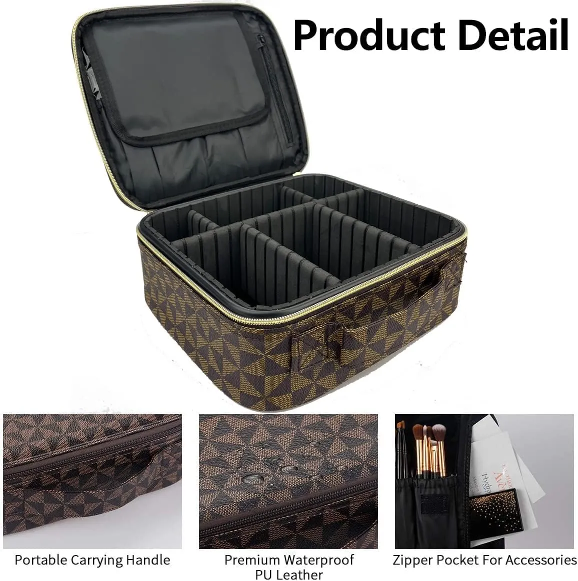 Bopomofo Brown Checkered Cosmetic Bags Set - Makeup and Pouch Bags - Waterproof PU Leather Travel Toiletry Storage Bag