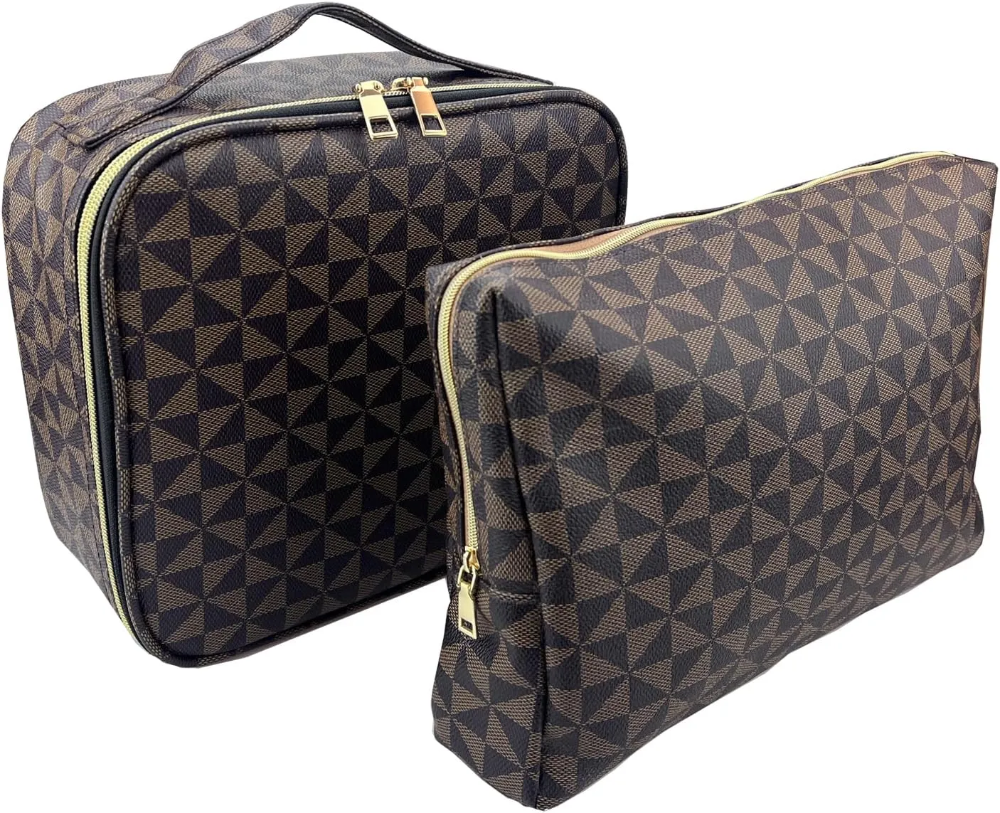 Bopomofo Brown Checkered Cosmetic Bags Set - Makeup and Pouch Bags - Waterproof PU Leather Travel Toiletry Storage Bag