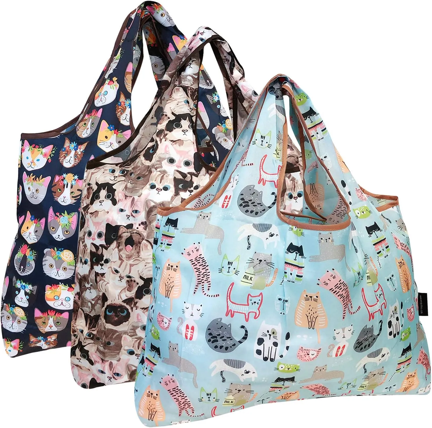Bowbear Foldable Nylon Reusable Shopping Grocery Bag (Set of 3), Silly Cats & Floral Cats