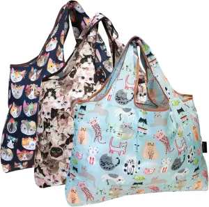 Bowbear Foldable Nylon Reusable Shopping Grocery Bag (Set of 3), Silly Cats & Floral Cats