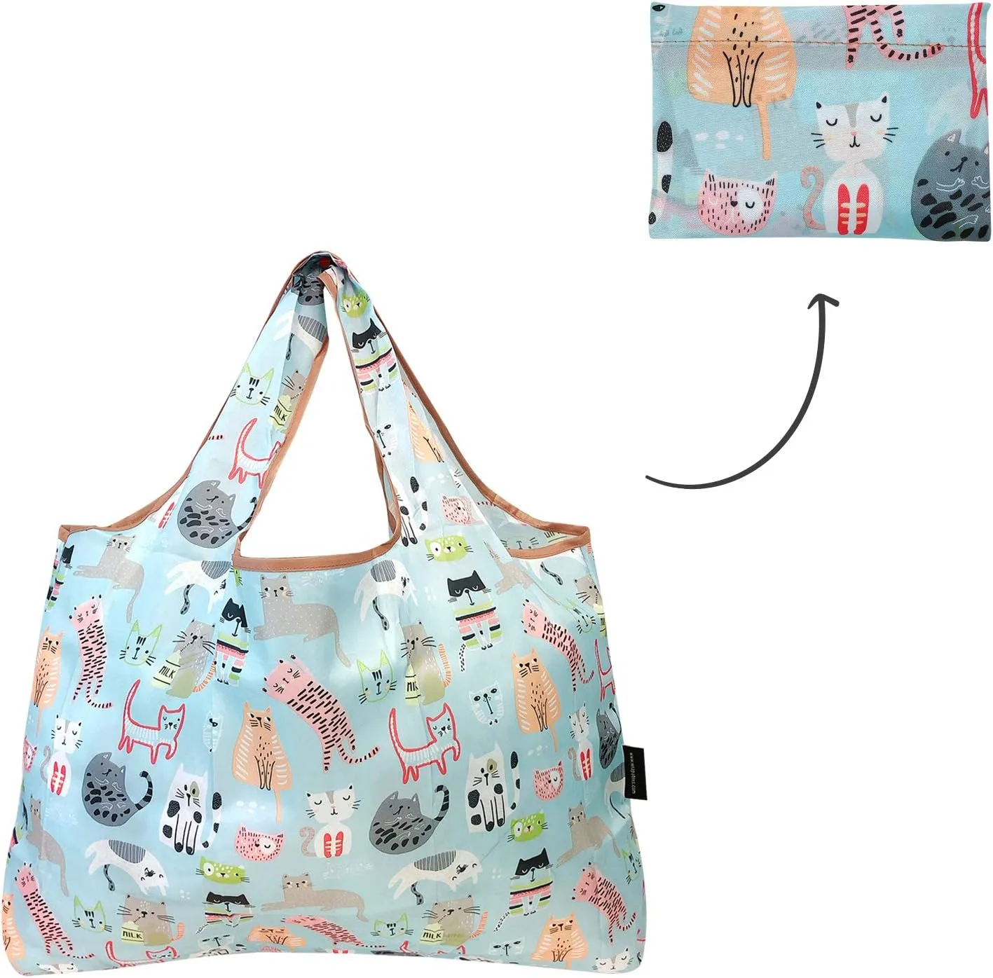 Bowbear Foldable Nylon Reusable Shopping Grocery Bag (Set of 3), Silly Cats & Floral Cats