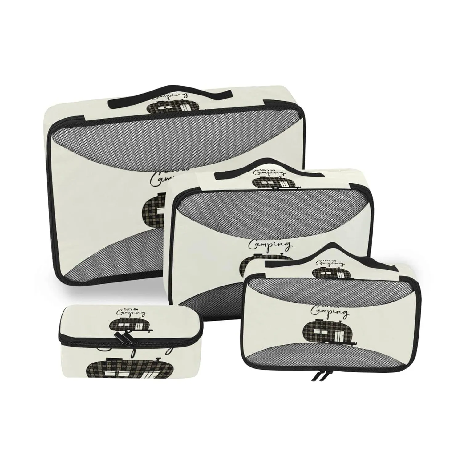 Brown Checker Plaid Grid Camper Car Silhouette Let's Go Camping Beige 4 Set Packing Cubes, Travel Packing Organizers, 600D Oxford Cloth Toiletry Storage Bag, Luggage Mesh Bags for Accessories