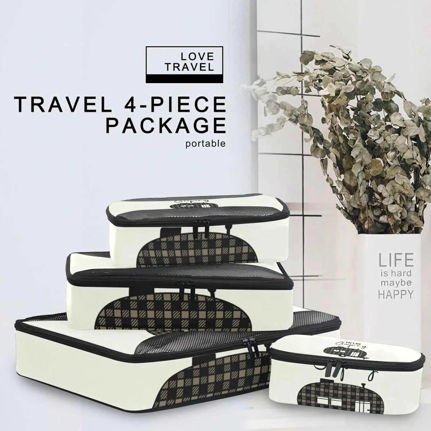 Brown Checker Plaid Grid Camper Car Silhouette Let's Go Camping Beige 4 Set Packing Cubes, Travel Packing Organizers, 600D Oxford Cloth Toiletry Storage Bag, Luggage Mesh Bags for Accessories
