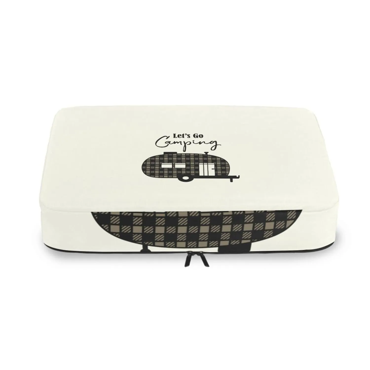 Brown Checker Plaid Grid Camper Car Silhouette Let's Go Camping Beige 4 Set Packing Cubes, Travel Packing Organizers, 600D Oxford Cloth Toiletry Storage Bag, Luggage Mesh Bags for Accessories