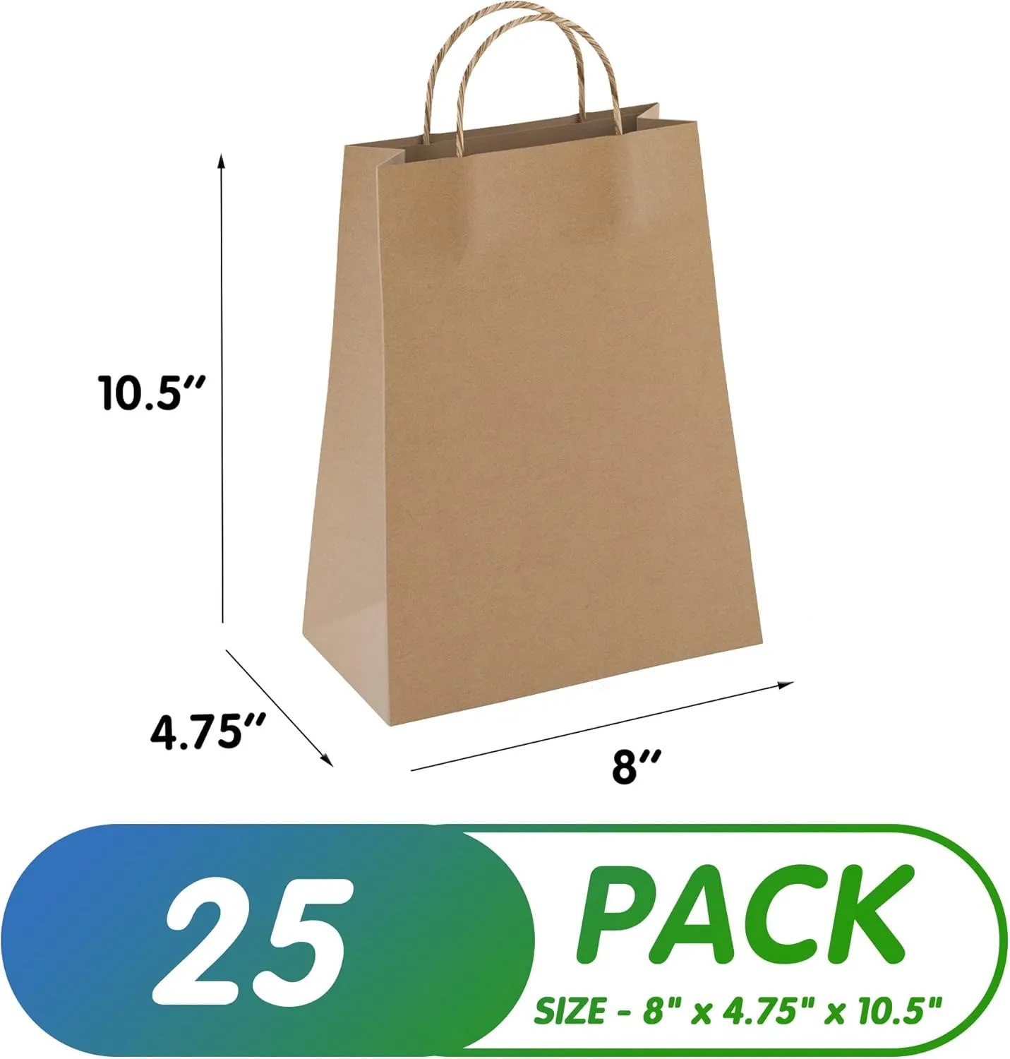 Brown Kraft Paper Bags with Handles Bulk, 8 x 4.75 x 10.5 Inch. Pack of 25 Foldable Shopping Bag, 150 GSM. Kraft Paper Gift Bags with Handles. Gift Gag Bulk for Wedding favors, Valentines Day