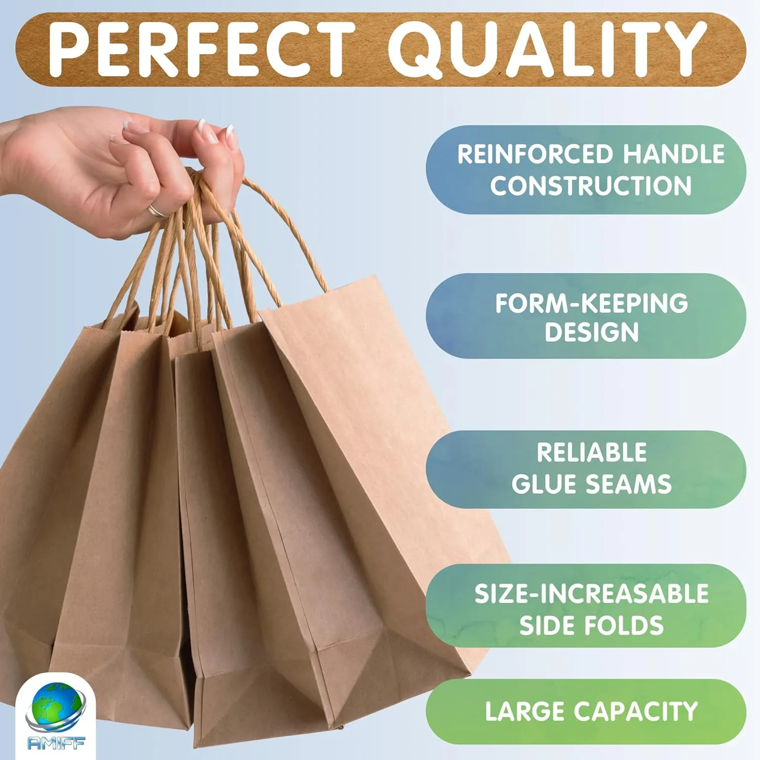 Brown Kraft Paper Bags with Handles Bulk, 8 x 4.75 x 10.5 Inch. Pack of 25 Foldable Shopping Bag, 150 GSM. Kraft Paper Gift Bags with Handles. Gift Gag Bulk for Wedding favors, Valentines Day