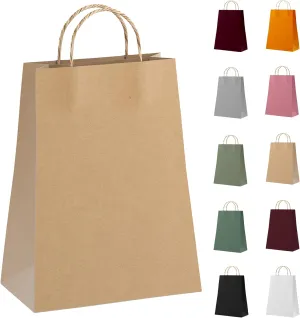 Brown Kraft Paper Bags with Handles Bulk, 8 x 4.75 x 10.5 Inch. Pack of 25 Foldable Shopping Bag, 150 GSM. Kraft Paper Gift Bags with Handles. Gift Gag Bulk for Wedding favors, Valentines Day