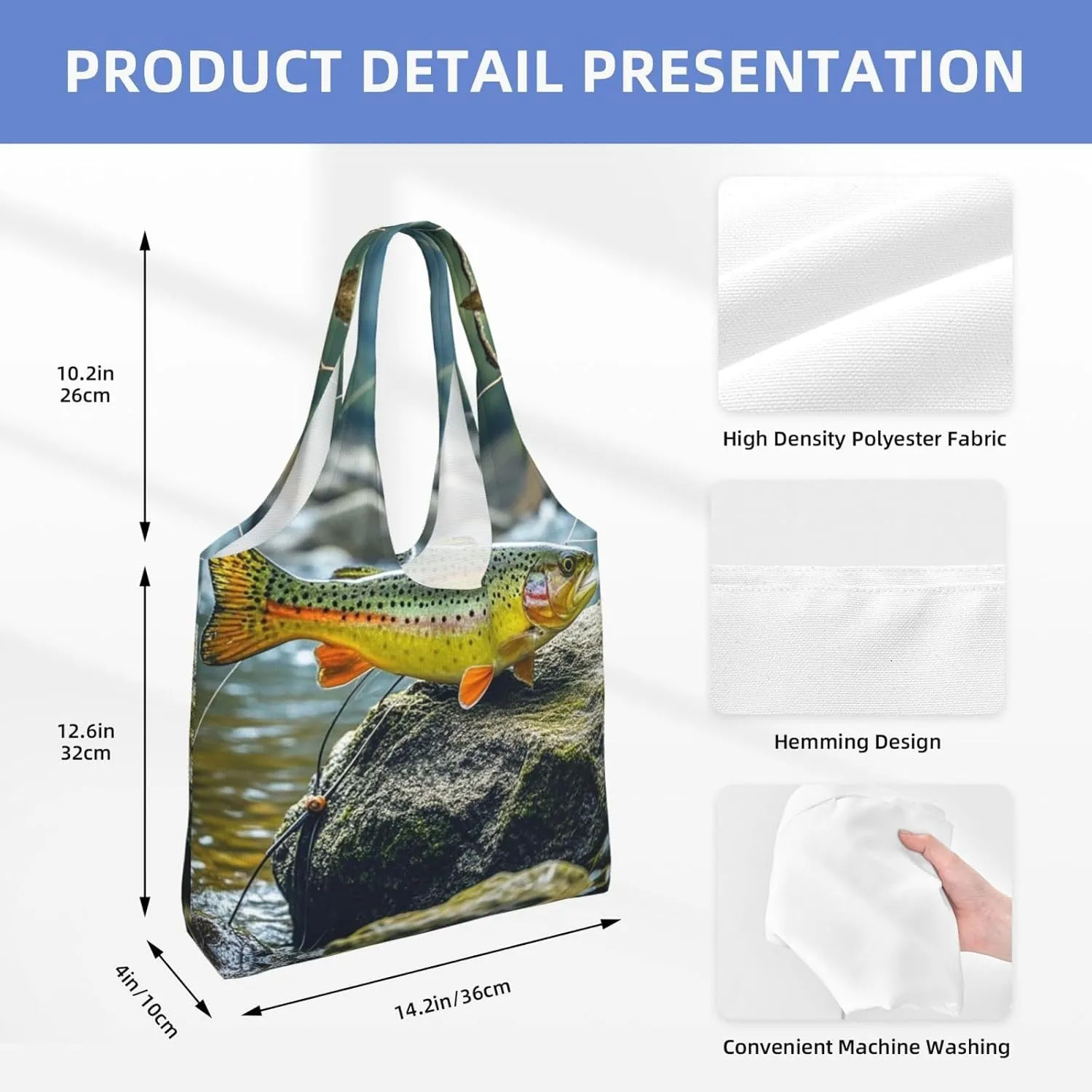 Canvas Tote Bag Lightweight Reusable Grocery Shopping Bag Brook Trout Fly Fishing Handbag for Women Men