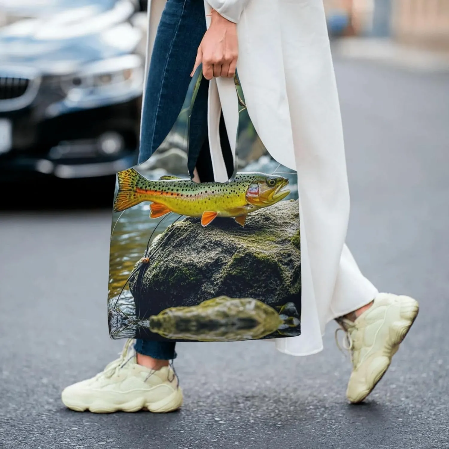 Canvas Tote Bag Lightweight Reusable Grocery Shopping Bag Brook Trout Fly Fishing Handbag for Women Men