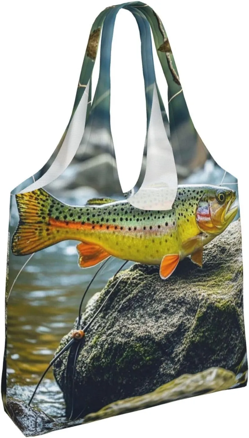 Canvas Tote Bag Lightweight Reusable Grocery Shopping Bag Brook Trout Fly Fishing Handbag for Women Men