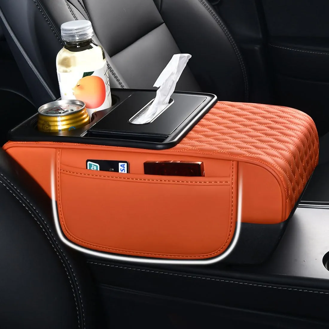 Car Armrest Cushion for SUV,5-in-1 Thickened Center Console Cover with 2 Storage Bags,Cup Holder, Tissue Box Slot, Phone Slot, Car Interior Accessories Organizers for Most Vehicles (Black)