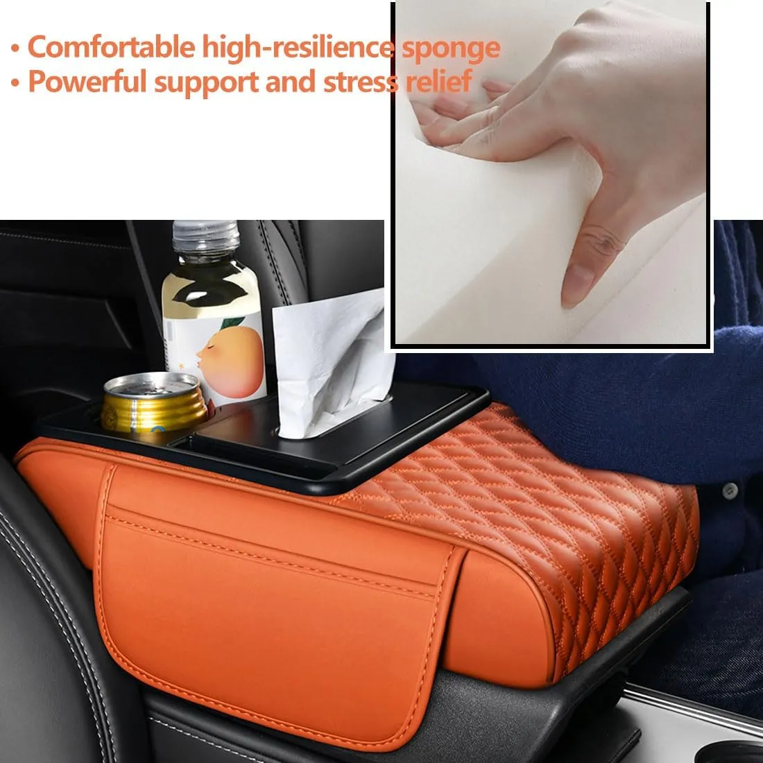Car Armrest Cushion for SUV,5-in-1 Thickened Center Console Cover with 2 Storage Bags,Cup Holder, Tissue Box Slot, Phone Slot, Car Interior Accessories Organizers for Most Vehicles (Black)