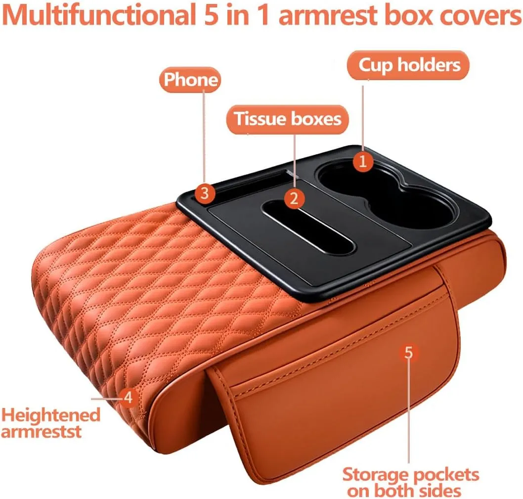 Car Armrest Cushion for SUV,5-in-1 Thickened Center Console Cover with 2 Storage Bags,Cup Holder, Tissue Box Slot, Phone Slot, Car Interior Accessories Organizers for Most Vehicles (Black)