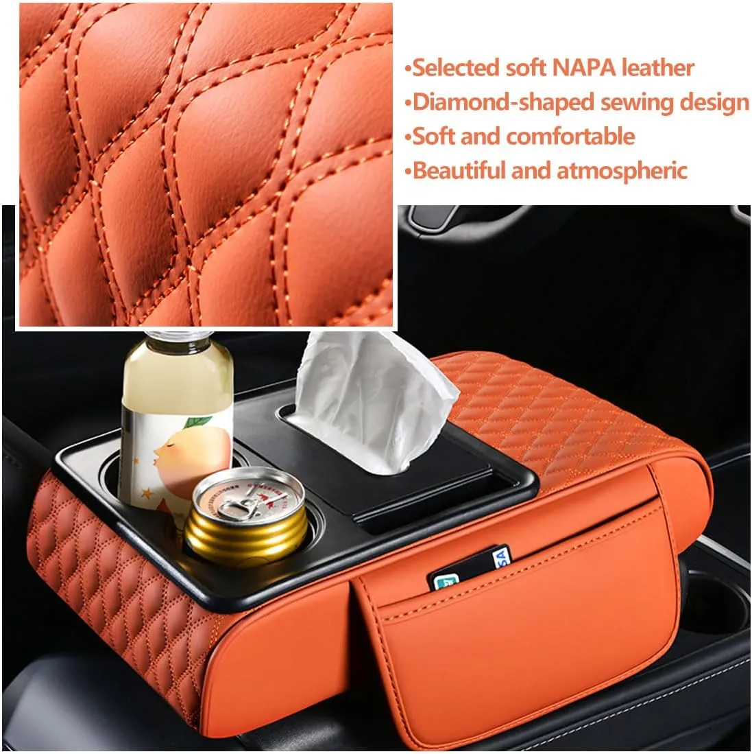 Car Armrest Cushion for SUV,5-in-1 Thickened Center Console Cover with 2 Storage Bags,Cup Holder, Tissue Box Slot, Phone Slot, Car Interior Accessories Organizers for Most Vehicles (Black)