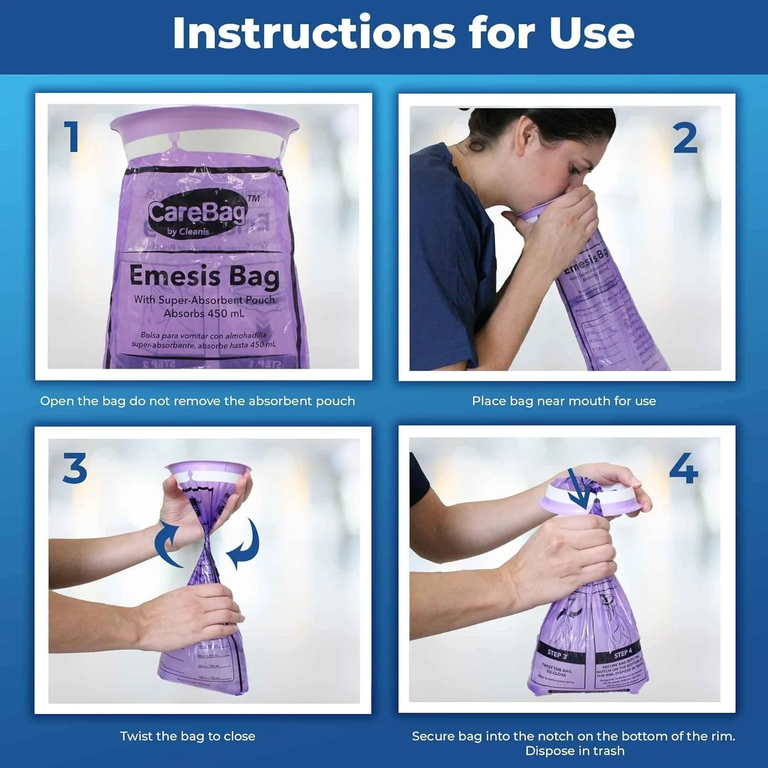 CareBag Emesis Bag with Super Absorbent Pouch- Absorbs 16 oz.– 60 Vomit Bags- No More Leaks and Splashes- Single Use- Reduces Odors- Easy Disposal- Medical Grade