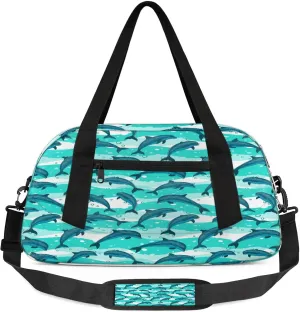Cartoon Dolphin Pattern Kids Duffel Bag Lightweight Waterproof Sports Gym Bag with Front Zipper Pocket Foldable Weekender Overnight Bag for School Practice Gymnastic Ballet