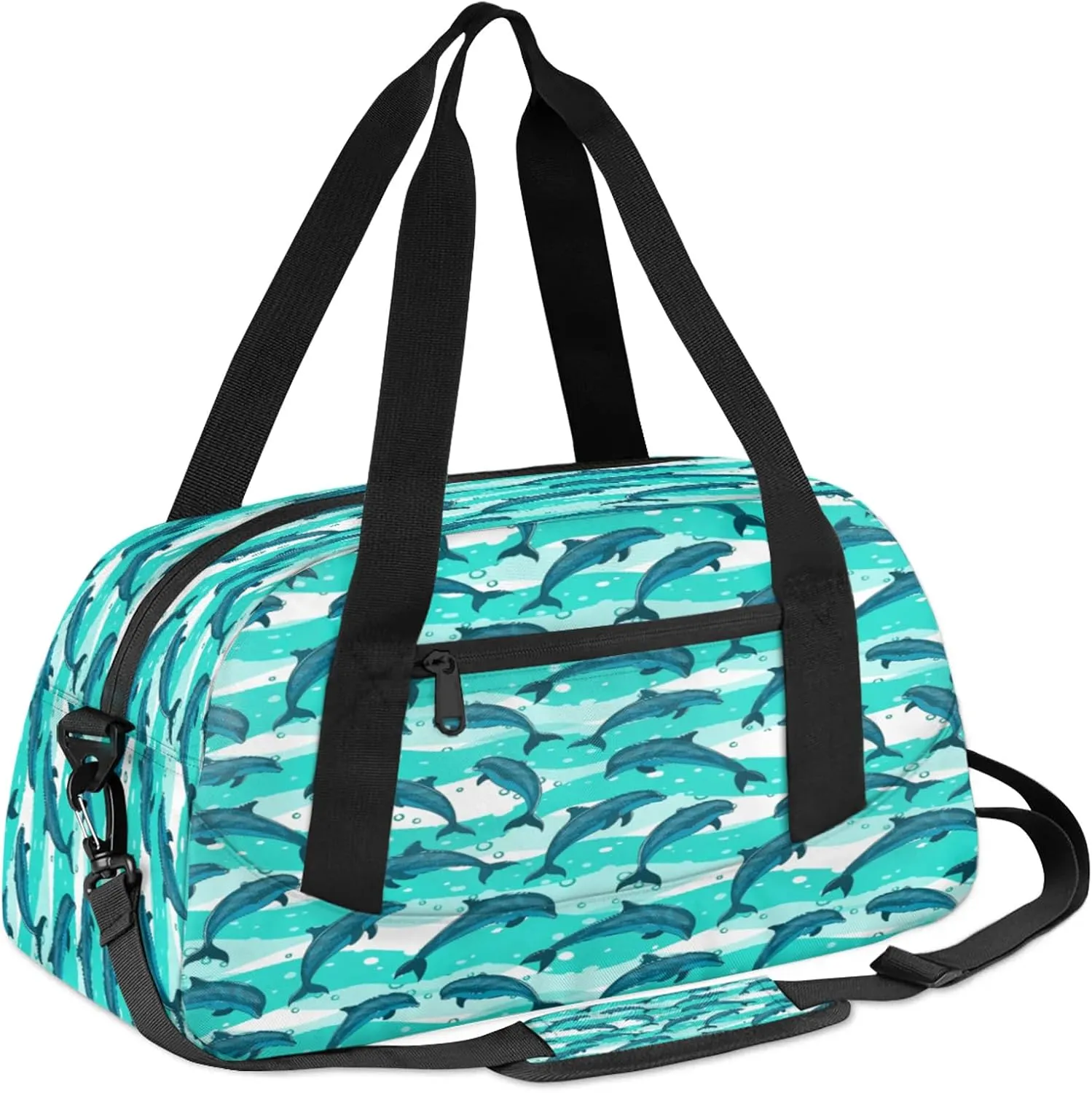 Cartoon Dolphin Pattern Kids Duffel Bag Lightweight Waterproof Sports Gym Bag with Front Zipper Pocket Foldable Weekender Overnight Bag for School Practice Gymnastic Ballet