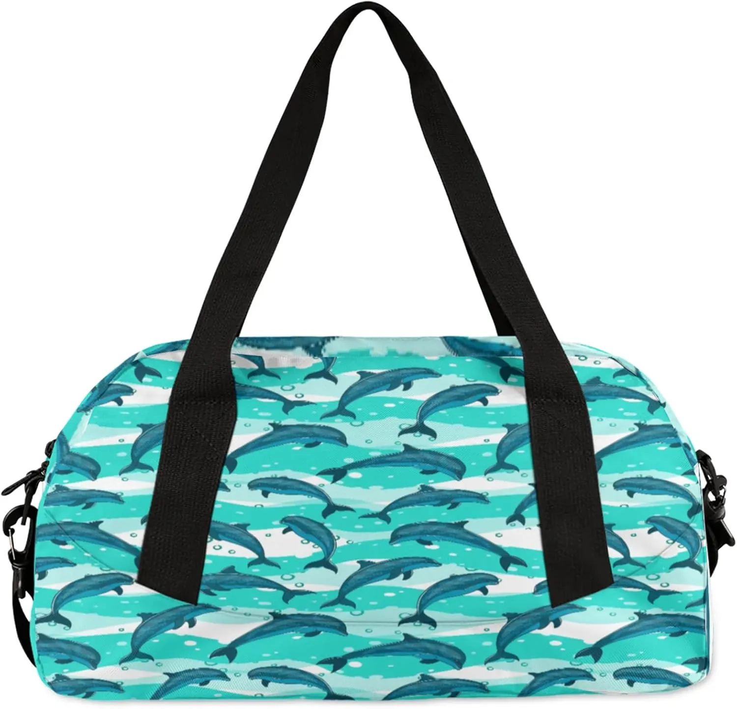 Cartoon Dolphin Pattern Kids Duffel Bag Lightweight Waterproof Sports Gym Bag with Front Zipper Pocket Foldable Weekender Overnight Bag for School Practice Gymnastic Ballet