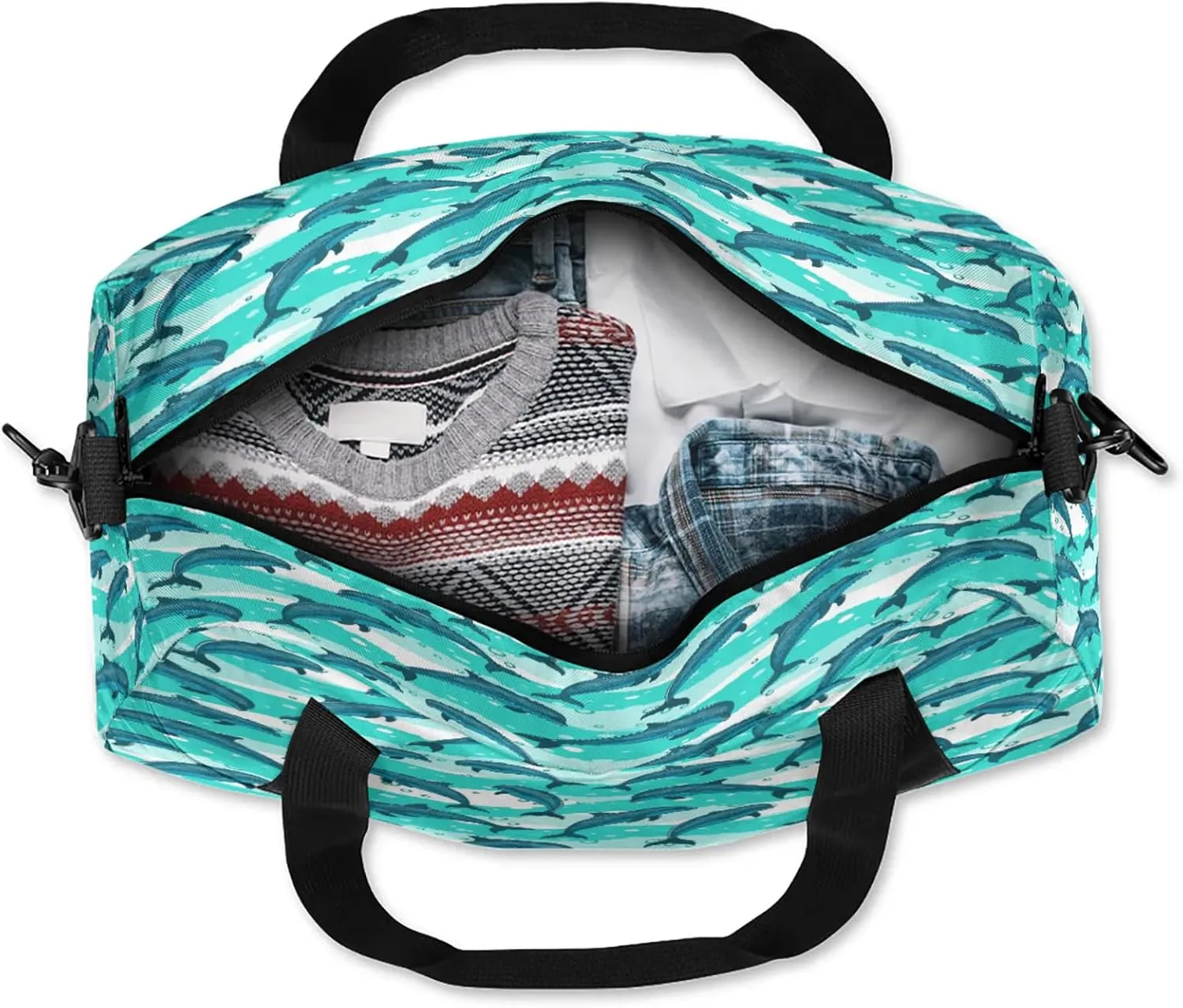 Cartoon Dolphin Pattern Kids Duffel Bag Lightweight Waterproof Sports Gym Bag with Front Zipper Pocket Foldable Weekender Overnight Bag for School Practice Gymnastic Ballet
