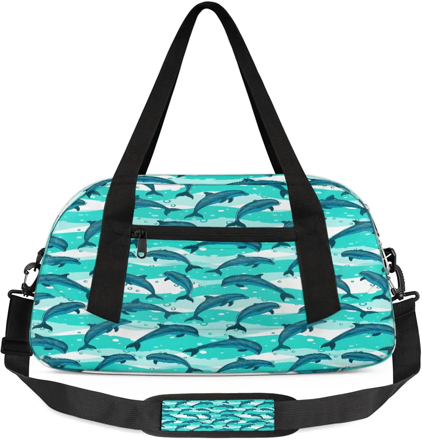 Cartoon Dolphin Pattern Kids Duffel Bag Lightweight Waterproof Sports Gym Bag with Front Zipper Pocket Foldable Weekender Overnight Bag for School Practice Gymnastic Ballet